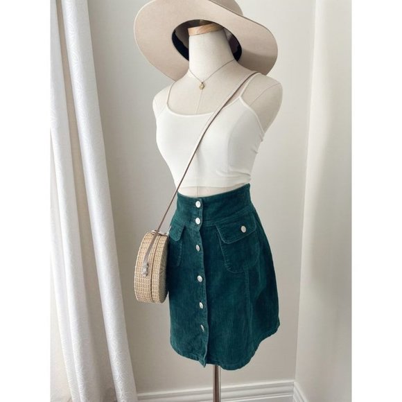 Women’s Vintage 90s Emerald Green Corduroy Button Front Skirt Academia Aesthetic - Picture 2 of 8